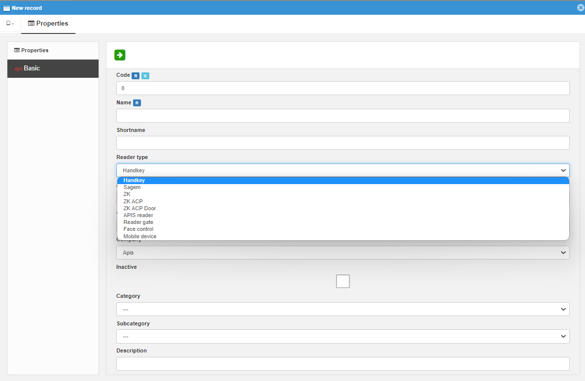 Readers management - new reader - reader type selection