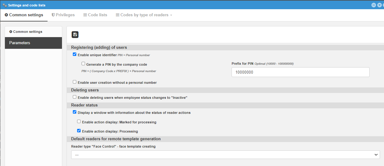 Common settings - Parameters
